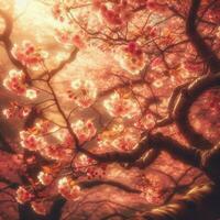 ai genererad hyper realistisk sakura körsbär blomma träd löv japansk festival morgon- dagg osaka tokyo foto