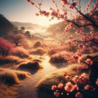 ai genererad hyper realistisk sakura körsbär blomma träd löv japansk festival morgon- dagg osaka tokyo foto