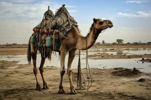 ai genererad kamel på en koppel för turister i egypten generativ ai foto
