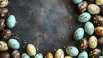 ai genererad topp ner se av ett påsk gräns ram av Robins ägg och choklad ägg med kopia Plats i de mitten foto