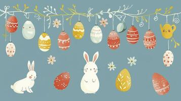 ai genererad Lycklig påsk kort med påsk ägg krans och kanin. enkel dekoration. foto