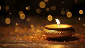ai genererad diwali festival brinnande ljus på en hårt träslag golv foto