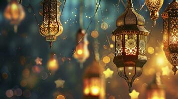 ai genererad ramadan kareem gräns, islamic konst stil bakgrund. symboler av ramadan mubarak, hängande guld lyktor, arabicum lampor, lyktor måne, stjärna, konst och illustration. foto