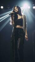 ai genererad skön asiatisk kvinna sångare sjunger på skede i ljus spotlights foto