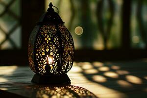 ai genererad dekorativ arabicum lykta med brinnande ljus lysande på natt inbjudan för muslim helig månad ramadan kareem foto