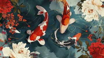ai genererad asiatisk bakgrund, orientalisk japansk stil abstrakt mönster bakgrund design med koi fisk dekorera i vattenfärg textur foto