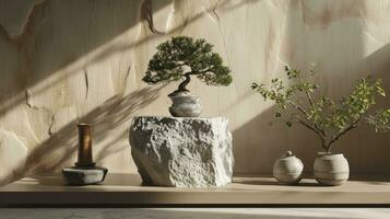 ai genererad japansk stil minimal abstrakt bakgrund.sten podium och bonsai med brun bakgrund för produkt presentation. 3d tolkning illustration. foto