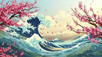 ai genererad abstrakt hokusai stil bakgrund. vågor, hav, rosa sakura träd. foto
