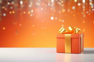 ai genererad jul gåva låda på orange bakgrund foto