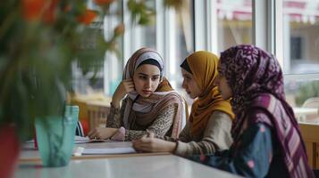 ai genererad tre muslim kvinnor på de cafeteria foto