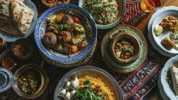 ai genererad traditionell måltid för iftar i tid av ramadan foto