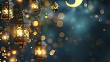 ai genererad ramadan kareem gräns, islamic konst stil bakgrund. symboler av ramadan mubarak, hängande guld lyktor, arabicum lampor, lyktor måne, stjärna, konst och illustration. foto