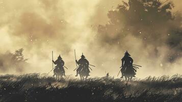 ai genererad fantastisk gryning scen i dimma med silhouetted samurais på de historisk sekigahara slagfält, levereras i modern bläck tvätta stil och dämpad toner. foto