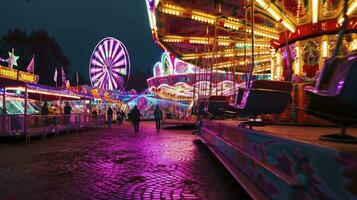 ai genererad tivoli och karneval rider och attraktioner lysande på natt. foto