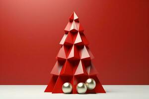 ai genererad röd jul träd tillverkad med kort papper kopia Plats röd isolerat bakgrund foto