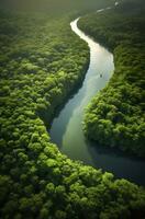 ai genererad antenn se av de amazonas djungel landskap med flod böja. generativ ai foto