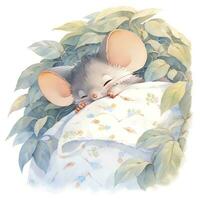ai genererad en sömnig bebis mus i en strö, vattenfärg illustration. ai genererad foto
