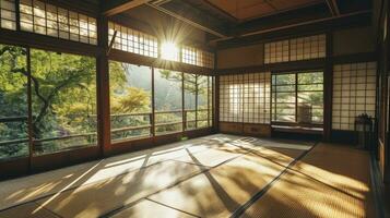 ai genererad traditionell japansk tömma rum interiör med tatami mattor och Sol ljus. foto