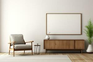 ai genererad 3d återges minimal stil modern levande rum interiör design med stol med tom affisch foto