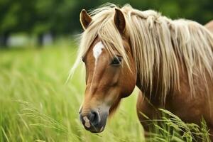 ai genererad brun häst med blond hår äter gräs på en grön äng detalj från de huvud. ai genererad foto