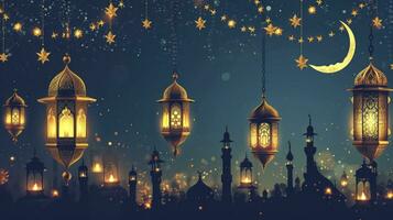 ai genererad ramadan kareem gräns, islamic konst stil bakgrund. symboler av ramadan mubarak, hängande guld lyktor, arabicum lampor, lyktor måne, stjärna, konst och illustration. foto