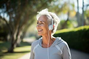 ai genererad Lycklig leende skön åldrig kvinna gående i parkera utomhus lyssnande musik med hörlurar foto