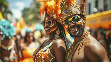ai genererad brasiliansk karneval. par i kostym njuter de karneval fest i de stad foto