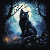 ai genererad svart katt i månljus skog. vattenfärg för t-shirt design. ai genererad foto