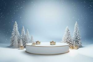 ai genererad 3d återges vit och snöig podium visa för glad jul händelse foto