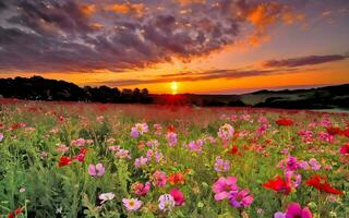 ai genererad en skön molnig solnedgång med retro blomma trädgård foto