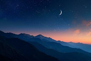 ai genererad panorama se av natt himmel och måne, stjärnor, ramadan kareem islamic bakgrund foto