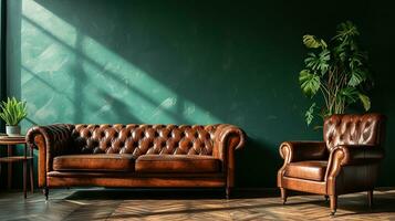 ai genererad levande rum interiör design med soffa minimal estetisk läder 3d återges foto