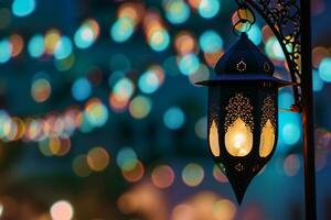 ai genererad ett upplyst arabicum färgrik hängande ramadan lykta foto