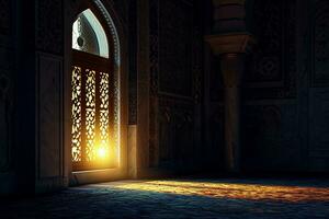 ai genererad islamic bakgrund ljus med moské fönster prydnad scen foto