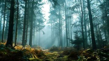 ai genererad dimmig morgon- viska, förtrollade skog spår foto
