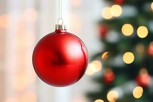 ai genererad en stänga upp av en jul träd med grannlåt hängande från dess grenar och en suddigt bakgrund foto