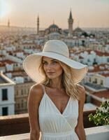 ai genererad Foto av skön kvinna med vit bomull klänning och Sol hatt och blond hår på taket bosatt, generativ ai