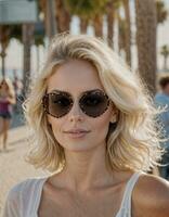ai genererad Foto av skön kvinna med solglasögon och blond hår på sand strand stad gata, generativ ai