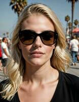 ai genererad Foto av skön kvinna med solglasögon och blond hår på sand strand stad gata, generativ ai