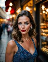 ai genererad Foto av skön kvinna med skriva ut ärmlös klänning och stor röd mun och blå ögon på Europa gata, generativ ai