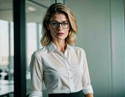 ai genererad Foto av skön kvinna med blond hår och vit skjorta topp och glasögon som en kontor sekreterare stående på de kontor, generativ ai