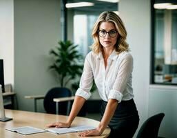 ai genererad Foto av skön kvinna med blond hår och vit skjorta topp och glasögon som en kontor sekreterare stående på de kontor, generativ ai