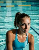 ai genererad Foto av skön kvinna som en simmare idrottare med simning kostym på simning slå samman, generativ ai
