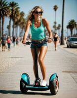 ai genererad Foto av skön kvinna med solglasögon och hjälm ridning segway skoter på sand strand stad gata, generativ ai