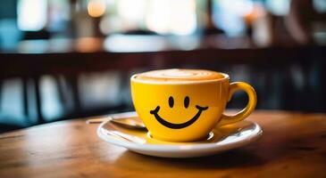 ai genererad smutta av lycka - glad kaffe kopp i suddig Kafé foto