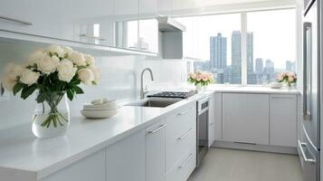 ai genererad elegant urban oas - panorama- vit kök med stad bakgrund foto