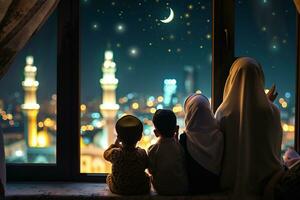 ai genererad ramadan kareem hälsning. familj på fönster ser på islamic stad med moské horisont foto