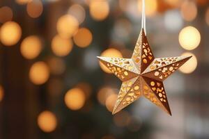 ai genererad selektiv fokus skott av stjärna prydnad hängande på jul träd foto