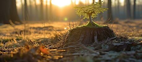 ung träd framväxande från gammal träd stubbe med solsken foto