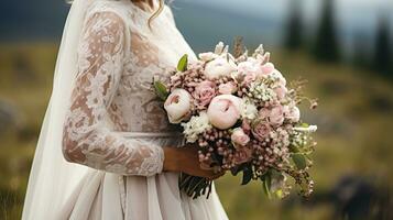 de brud innehar en bukett av vit och rosa blommor foto